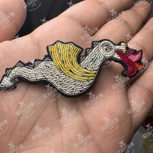 Bullion Wire Dragon Brooch – Hand Embroidered Fashion Badge with Safety Pin Back  | Patch for clothing and accessories.
