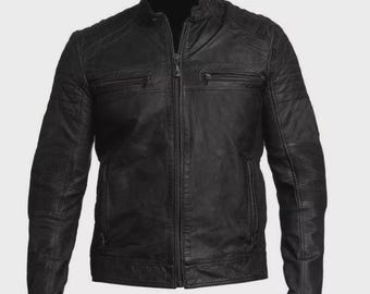 Men’s Black Biker Leather Jacket – Cafe Racer Motorcycle Style | Quilted Sleeves Zip-Up Jacket | Handmade