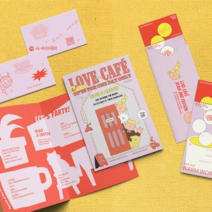 May include: A collection of wedding stationery with a Love Cafe theme. The design features a red and pink color scheme with illustrations of a coffee cup, a door, and other graphics. The stationery includes invitations, RSVP cards, and other event details.
