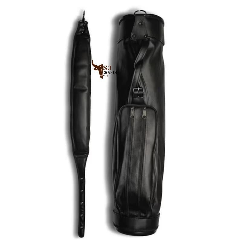 May include: Black leather golf bag with a matching shoulder strap. The bag has a cylindrical shape with a zippered pocket on the front. The shoulder strap is long and padded for comfort. The bag is designed to carry golf clubs.
