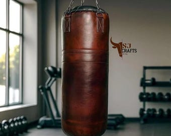 Saco de boxeo de cuero marrón vintage hecho a mano, saco de boxeo de piel de vaca personalizado para kickboxers, muay thai, artes marciales, regalo de Navidad.