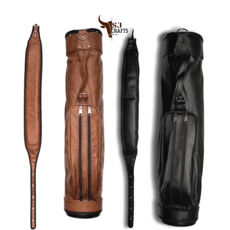 May include: A collection of leather golf bags and straps in various colors. The bags are brown and black, with zippered pockets and adjustable straps. The straps are brown and black, with adjustable buckles.