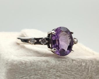 Oval Amethyst Zircon Ring, 925 Sterling Silver, February Birthstone, Vintage Engagement Ring