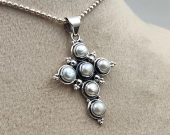 Sterling Silver Pearl Cross Pendant • Handmade Christian Necklace