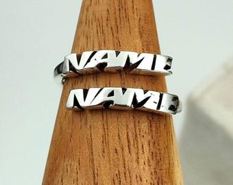 Sterling Silver Double Name Ring: Personalized Wrap Jewelry Gift