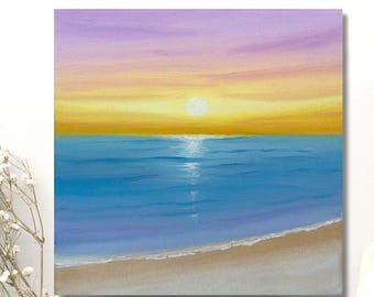 Ozean Sonnenaufgang Gemälde | Meer & Strand Wandbild | Meeres Kunst | Ozean Kunst | Ölgemälde Strand und Meer 20x20cm