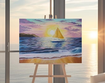 Gemälde handgemalt Segelboot & Meer 70x50cm Leinwand | Segelboot Sonnenuntergang  | Landchaftsmalerei | maritime Kunst