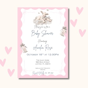 Little Lamb Girl Baby Shower Invite | Editable Template | Cute Sheep Theme | Instant Download | Girl Baby Shower Decor
