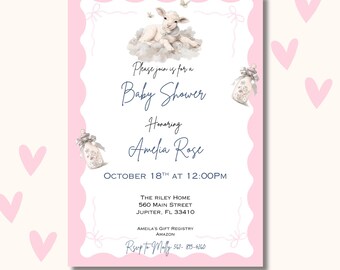 Little Lamb Girl Baby Shower Invite | Editable Template | Cute Sheep Theme | Instant Download | Girl Baby Shower Decor
