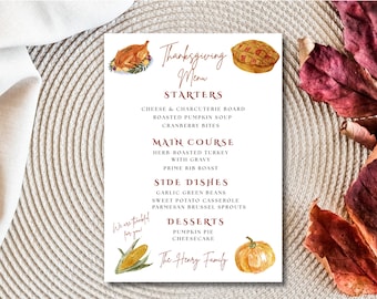 Rustikales Thanksgiving-Menü Vorlage | Druckbares und bearbeitbares Herbstmenü | Erntedank Tischdekoration | Erntedankfest-Planung leicht gemacht |