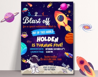 Verjaardagsuitnodiging in het heelal | Uitnodiging voor 5e verjaardagsfeestje | Raketfeestuitnodiging | Digitale download| Afdrukbare feestuitnodiging | Canvassjabloon