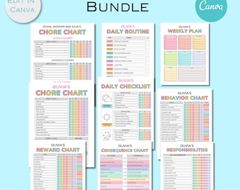 May include: A bundle of colorful chore charts, daily routines, and behavior charts for kids. The charts include sections for daily tasks, weekly plans, rewards, and consequences. The text "Kids Chore Chart Bundle" is at the top.