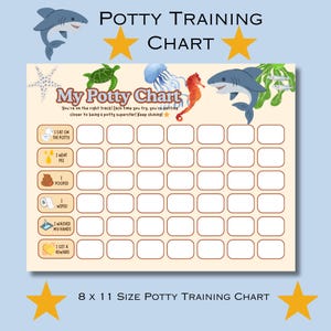 May include: Potty training chart with a marine theme. The chart features illustrations of a shark, turtle, and seahorse. The text reads "My Potty Chart" and includes prompts for tracking progress. The chart measures 8 x 11 inches.