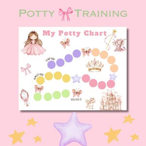 May include: A pink and white potty training chart with the words "Potty Training" at the top. The chart features a princess, butterflies, a crown, a castle, and stars. The chart has a path with circles and stars.