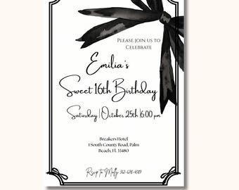 Classy Sweet 16 Invitation | Custom Black Bow Coquette sweet 16 | Free Thank you Card with Invite | Change Birthday Number to any Birthday