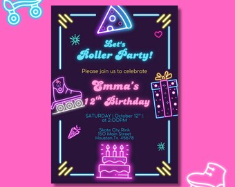 Neon Roller Skating Birthday Invitation | Printable Birthday Invitation | Roller Skating 12th Birthday | Editable Template for Kids Party