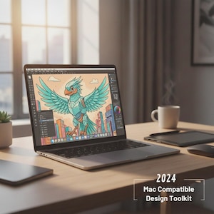 May include: A laptop screen shows a vibrant bird illustration with teal wings and a city backdrop. The text "2024 Mac Compatible Design Toolkit" is visible. A coffee cup, stylus, and mouse sit on a wooden desk, creating a workspace.