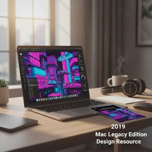 May include: A laptop screen shows a digital artwork in purple, blue, and pink. A printed design resource labelled "2019 Mac Legacy Edition Design Resource" is on the desk. Headphones, a coffee cup, and a mouse are also present.