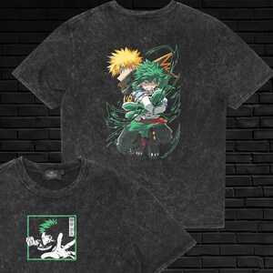 Deku and Bakugo Acid Wash T-Shirt, 100% Cotton Unisex Stone-Washed Tee