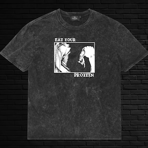 “Eat Your Protein” Titan Attack on Titan heavyweight acid-wash T-shirt featuring Eren Yeager funny gym manga graphic, Shingeki no Kyojin anime streetwear, unisex cotton tee