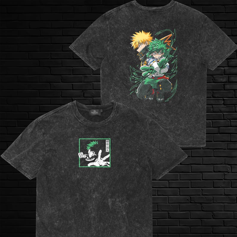 Deku and Bakugo My Hero Academia acid-wash T-shirt with dynamic anime-inspired graphic. Perfect for MHA fans and collectors.