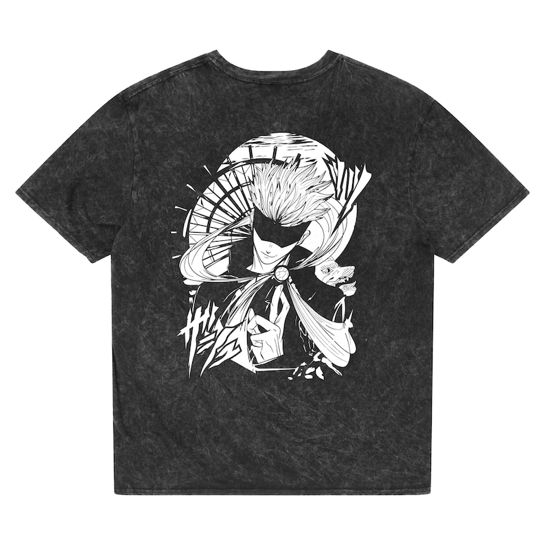 Gojo Satoru Jujutsu Kaisen T-Shirt featuring bold anime graphic. 100% cotton, durable and comfortable. Perfect gift for anime and manga fans.