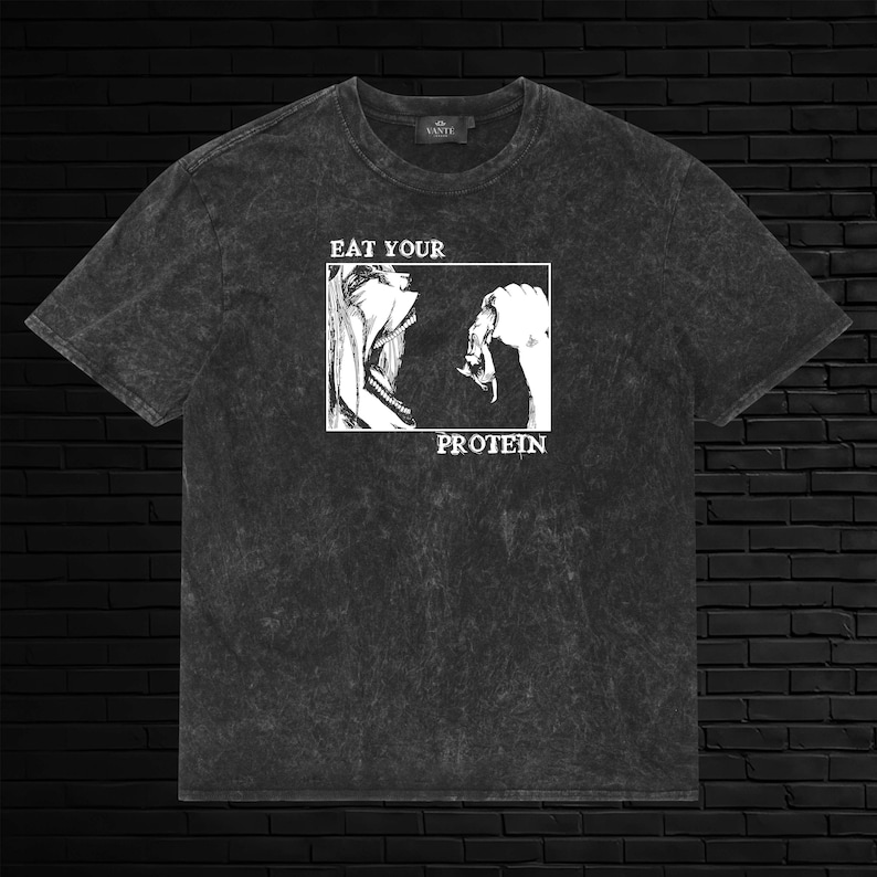 “Eat Your Protein” Titan Attack on Titan heavyweight acid-wash T-shirt featuring Eren Yeager funny gym manga graphic, Shingeki no Kyojin anime streetwear, unisex cotton tee