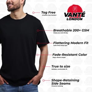 Może przedstawiać: Gładki czarny t-shirt z kr&oacute;tkim rękawem i okrągłym dekoltem. Obraz zawiera etykiety tekstowe podkreślające cechy: Tag Free, Breathable 200+ GSM, Flattering Modern Fit, Fade-Resistant Color, True to size, Shape-Retaining Side Seams.