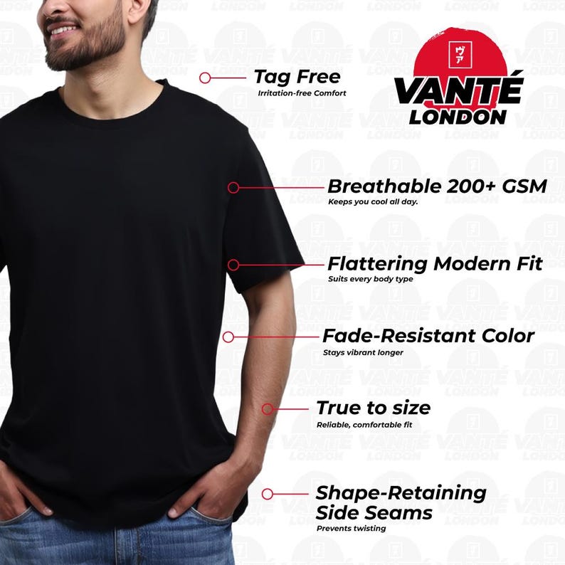 Może przedstawiać: Gładki czarny t-shirt z kr&oacute;tkim rękawem i okrągłym dekoltem. Obraz zawiera etykiety tekstowe podkreślające cechy: Tag Free, Breathable 200+ GSM, Flattering Modern Fit, Fade-Resistant Color, True to size, Shape-Retaining Side Seams.