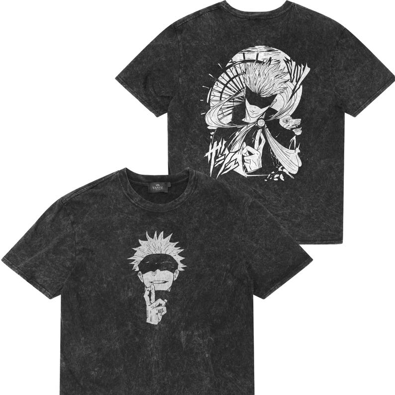 Gojo Satoru Jujutsu Kaisen T-Shirt featuring bold anime graphic. 100% cotton, durable and comfortable. Perfect gift for anime and manga fans.