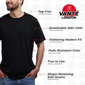 May include: A plain black t-shirt with short sleeves and a crew neckline. The image includes text labels highlighting features: Tag Free, Breathable 200+ GSM, Flattering Modern Fit, Fade-Resistant Color, True to size, and Shape-Retaining Side Seams.