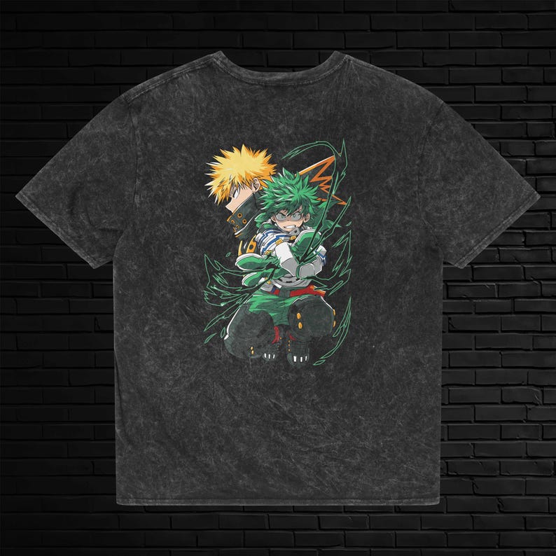 Deku and Bakugo My Hero Academia acid-wash T-shirt with dynamic anime-inspired graphic. Perfect for MHA fans and collectors.