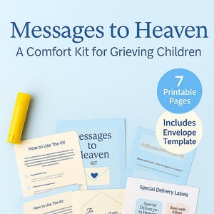 Puede incluir: Un kit de consuelo para niños en duelo, con páginas imprimibles, etiquetas de entrega especiales y una plantilla de sobre. Incluye una barra de pegamento y tijeras. El kit se titula "Messages to Heaven".