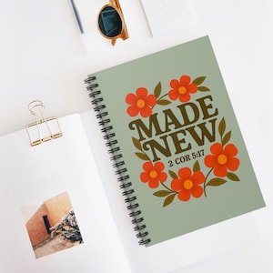 Christian Spiral Notebook | Made New Bible Verse Journal 2 Cor 5:17 | Sage Green Scripture Journal | Faith-Based Retro Notebook