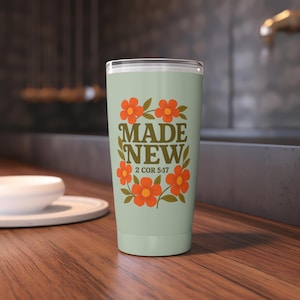 Christian Tumbler 20oz | Made New Bible Verse Cup | Double Wall Insulated Stainless Steel | Scripture Faith Gift | Retro Floral Mug