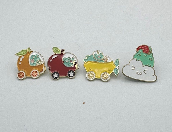 Cute Frog Enamel Pin Lot - 4pc Fruit Car & Strawberry Cloud Bundle