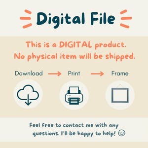 Puede incluir: Gr&aacute;fico de archivo digital con el texto "Digital File" en azul oscuro. La imagen explica que es un producto digital, sin env&iacute;o de art&iacute;culos f&iacute;sicos. Se proporcionan instrucciones para descargar, imprimir y enmarcar.