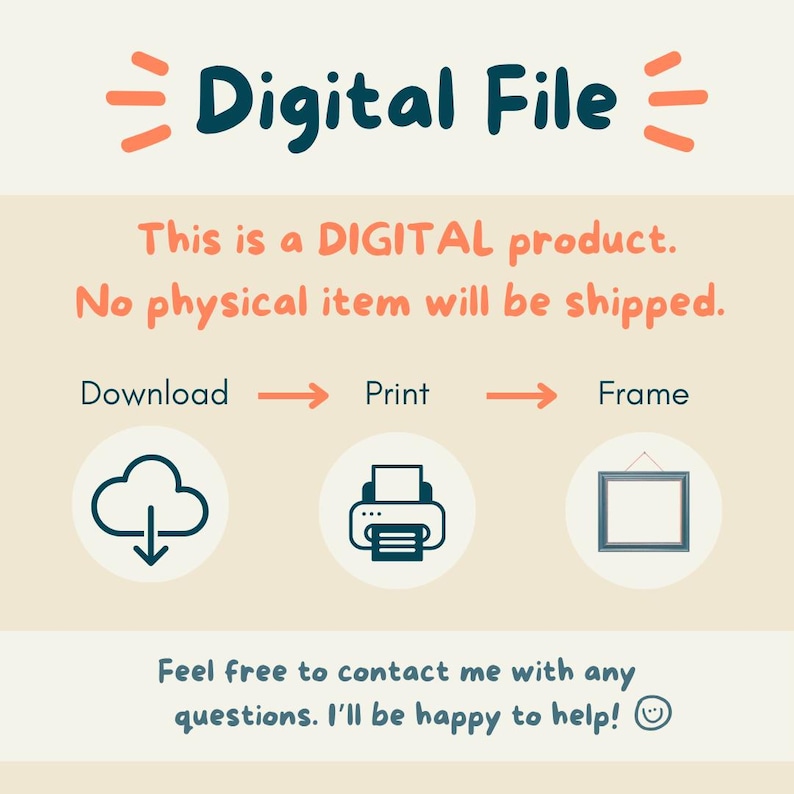 Puede incluir: Gr&aacute;fico de archivo digital con el texto "Digital File" en azul oscuro. La imagen explica que es un producto digital, sin env&iacute;o de art&iacute;culos f&iacute;sicos. Se proporcionan instrucciones para descargar, imprimir y enmarcar.