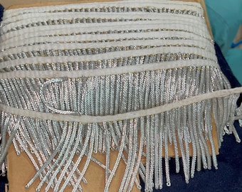Silver Beaded Fringe Trim: Metallic Tassel Lace Embellishment 2mm thick 3inch long