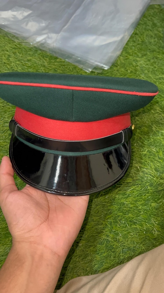 Military Style Officer Cap - Handmade Green & Red Dress Uniform Hat | Army Parade Ceremonial Cap