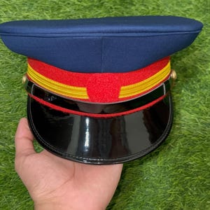 Military Style Peaked Cap – Blue & Red Uniform Hat with Gold Trim | Parade Dress Cap | Officer Formal Hat | Custom Military Hat