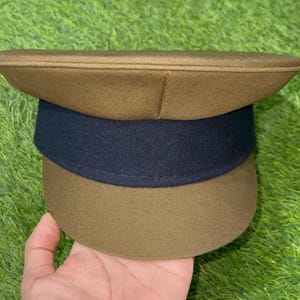 Vintage Military Style Peaked Cap – Brown & Navy Blue Uniform Hat
