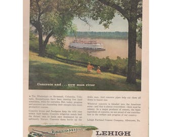 Anuncio impreso antiguo de 1961 de Lehigh Portland Cement Co. Allentown PA Mississippi River