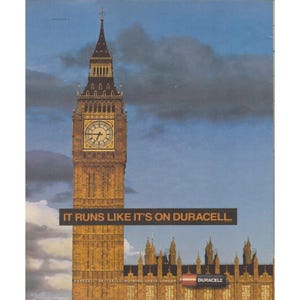 Anuncio impreso vintage de Duracell de 1992, Big Ben, Londres, Inglaterra. Publicidad de baterías. imagen 2