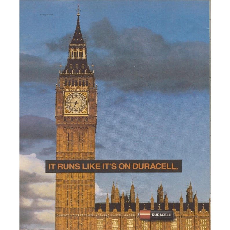 Anuncio impreso vintage de Duracell de 1992, Big Ben, Londres, Inglaterra. Publicidad de baterías. imagen 2