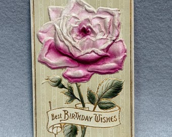 Vintage 1900s Embossed Birthday Postcard, Pink Rose, Printed in Germany