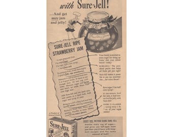Publicité imprimée Sure-Jell pour confiture de fraises, recette Seconde Guerre mondiale, rationnement, design industriel, 1945