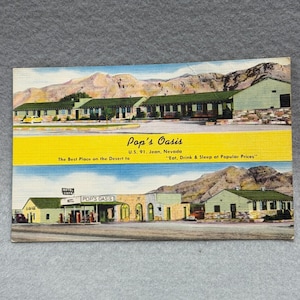 Jean Nevada Pops Oasis U.S. 91 Motel Cafe Gas Automobiles Linen c1940s POSTCARD