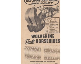 Chaussures de travail en cuir de carapace de carcajou, Rockford MI Industrial Shoes, publicité imprimée en 1945