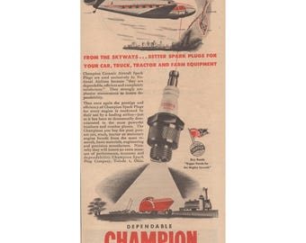 Bougies d'allumage Champion, National Airlines, WWII, publicité imprimée pour matériel agricole, 1945
